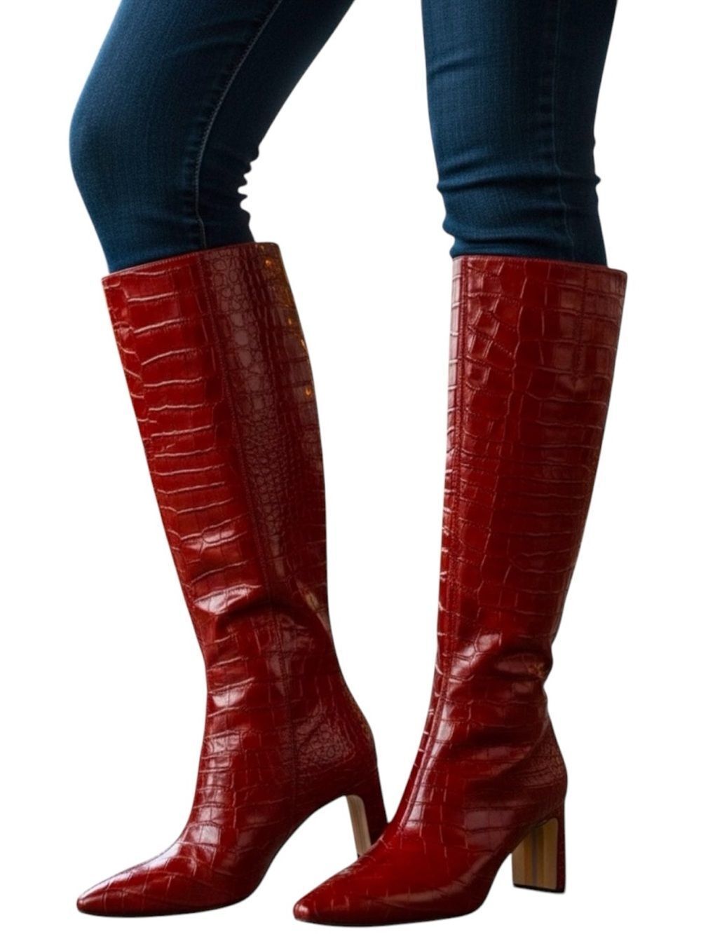 Sam Edelman SYLVIA 2 Croc Embossed Heeled Boots Scarlet Cherry Leather
